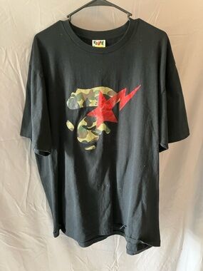 Bape Black T-Shirt with Camo Ape Head and Red Star Bolt